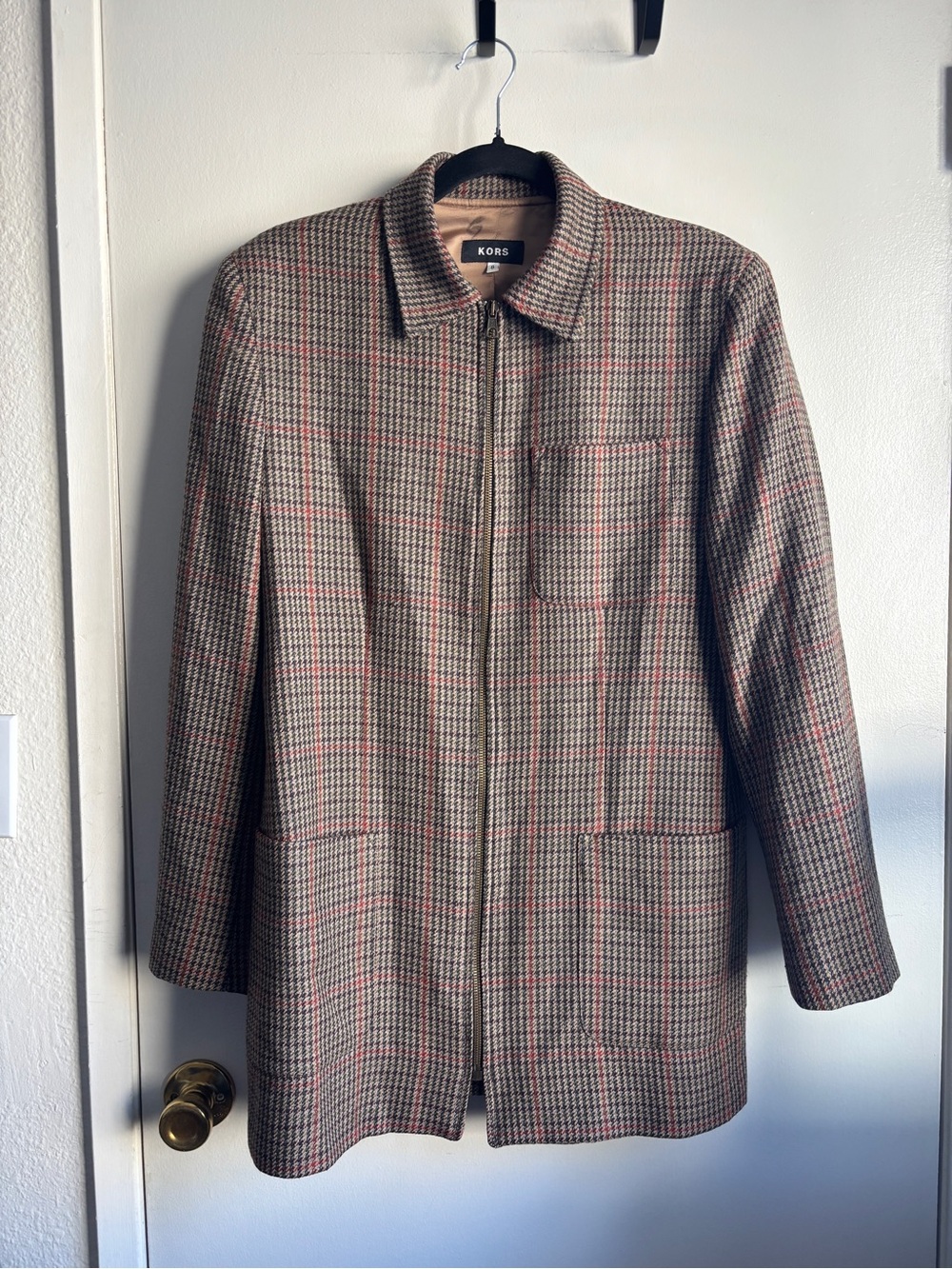 Michael Kors Women's Plaid Zip-Front Coat in Brown Plaid